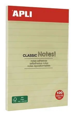 Samolepicí bloček "CLASSIC", žlutá, linkovaný, 100 x 150 mm, APLI 13370 OFERTA office vše pro kancelář Nízká Cena