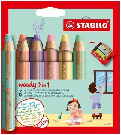 Barevné pastelka "Woody", 6 pastelových barev, maxi, 3v1 – pastelka, vodovka, voskovka, STABILO 8806 OFERTA office vše pro kancelář Kup Teď