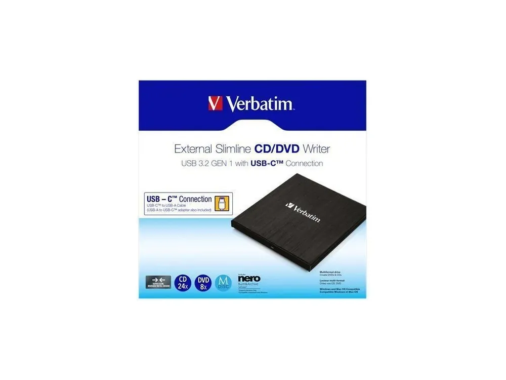 Rychlé Dodání CD/DVD vypalovačka, USB 3.2 - USB-C, slim, kovové pouzdro, VERBATIM 43886 - Toppapír
