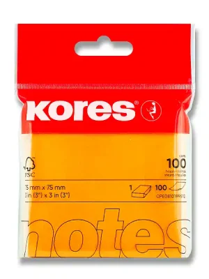 Autentický Kores - samolepicí bloček - 75x75 mm, 100 l., neon oranžový