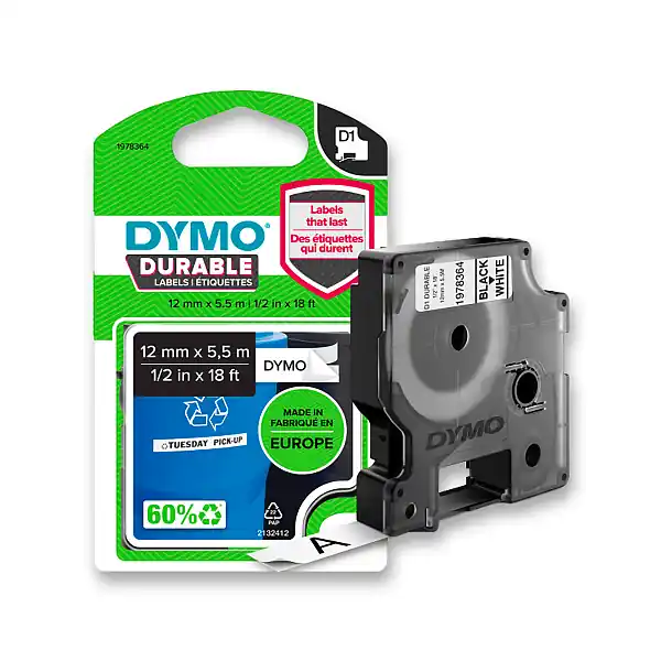 Cenově Výhodný Dymo D1 1978364 - originální vinylová páska - černo-bílá, 12 mm × 5,5 m