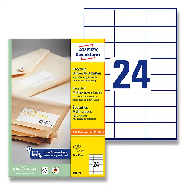 Avery Zweckform - univerzální etikety - 70,0 x 36,0 mm, 2400 etiket, recyklované Originální