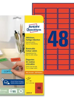 Autentický Avery Zweckform - nepermanentní etikety - 45,7 x 21,2 mm, 960 etiket, červené