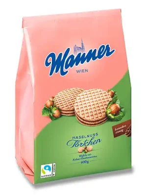Značkový Manner - oplatky s lískooříškovo kakaovou náplní, 400 g