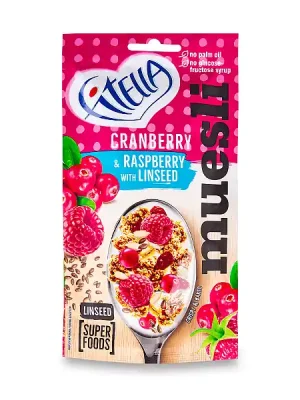 Značkový Fitella - muesli s brusinkami, malinami a lněným semínkem, 50 g