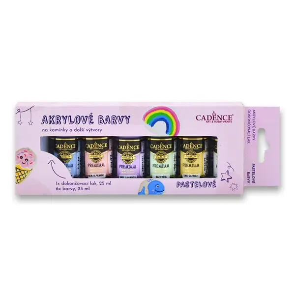 Cadence Premium - akrylové barvy na kamínky - sada 6 pastelových barev + akrylový lak Hit Sezóny